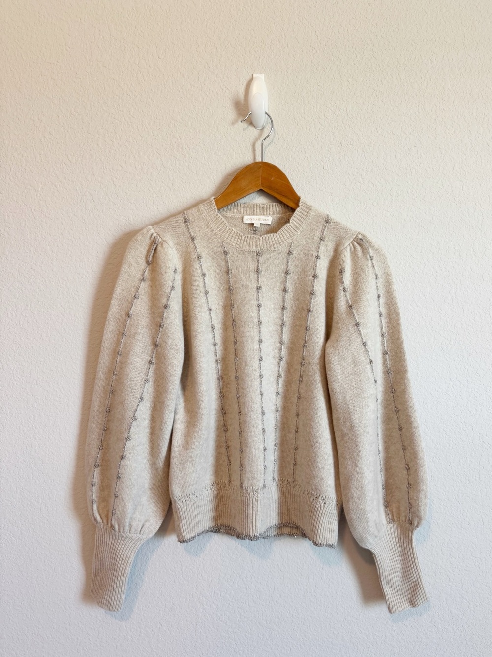 Ann Mashburn Tan Meltallic Striped Knobby Cashmere Wool Puff Sleeve Sweater S